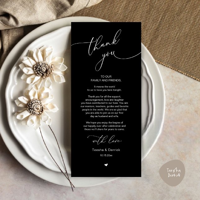 Romantic Wedding Place Setting Thank You Card (Modern Romantic Wedding Dinner Place Setting Thank You Card, Plate Decor, in Classy Black)