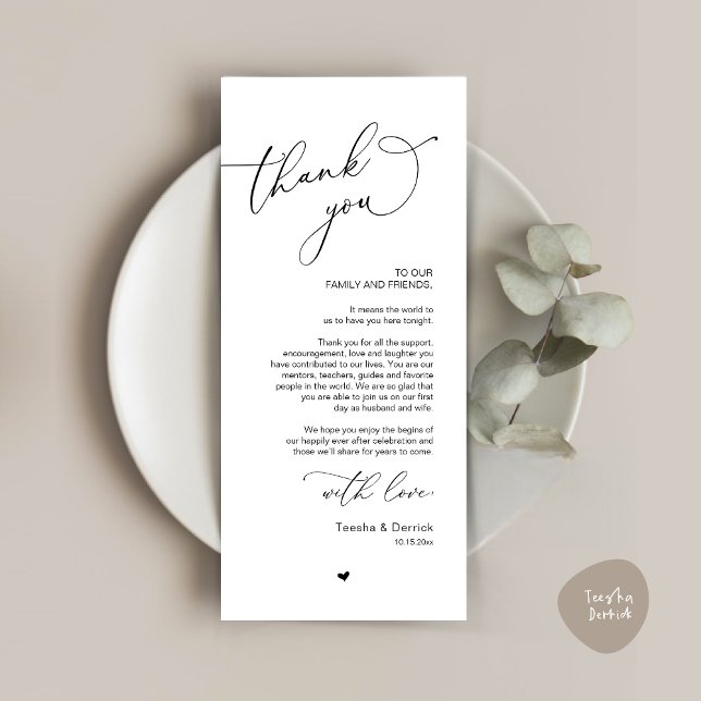 Romantic Wedding Place Setting Thank You Card (Romantic Modern Wedding Dinner Place Setting Thank You Card, in Black and White)