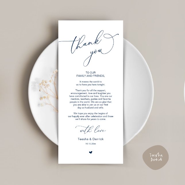 Romantic Wedding Place Setting Thank You Card (Romantic Modern Wedding Dinner Place Setting Thank You Card, in Classy Navy Blue)