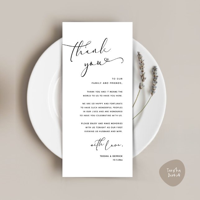 Romantic Wedding Place Setting Thank You Card (Romantic Minimalist Wedding Dinner Place Setting Thank You Card, in White Black)