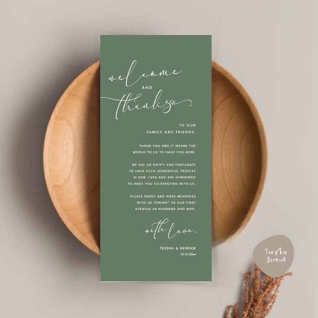 Romantic Wedding Place Setting Thank You Card (Romantic Wedding Dinner Place Setting Thank You Card, in Forest Sage Green)