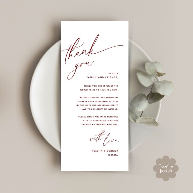 Romantic Wedding Place Setting Thank You Card (Romantic Wedding Dinner Place Setting Thank You Card Lunch Brunch in Burgundy Wine Red)