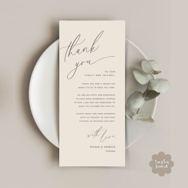 Romantic Wedding Place Setting Thank You Card (Romantic Wedding Dinner Place Setting Thank You Card Lunch Brunch in Cream Grey)