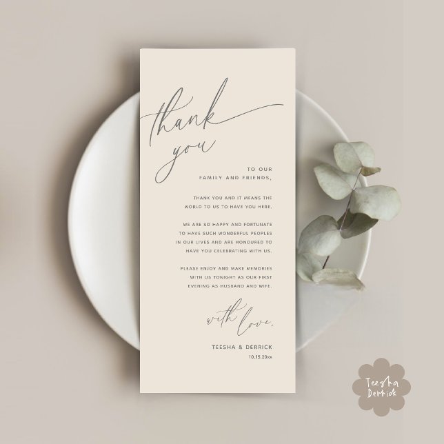 Romantic Wedding Place Setting Thank You Card (Romantic Wedding Dinner Place Setting Thank You Card Lunch Brunch in Cream Grey)