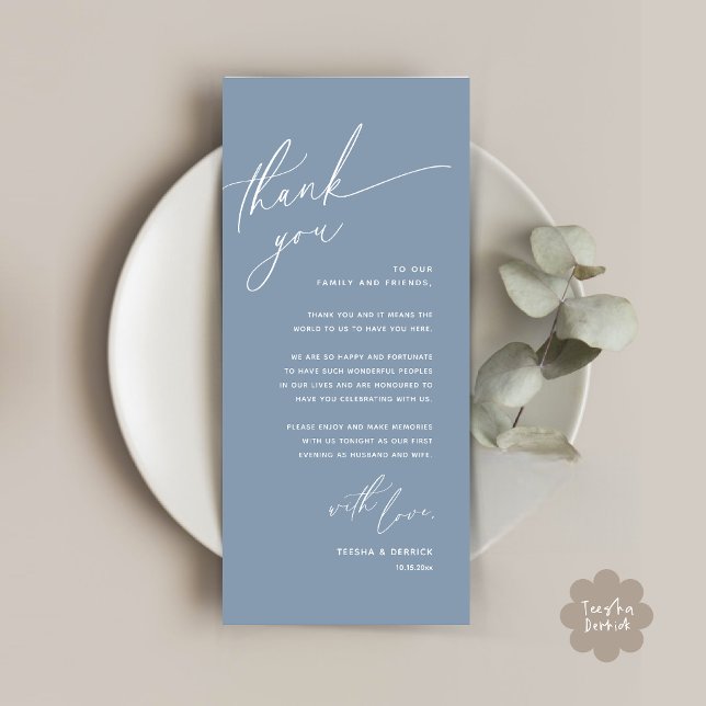 Romantic Wedding Place Setting Thank You Card (Romantic Wedding Dinner Place Setting Thank You Card Lunch Brunch in Classy Dusty Blue)