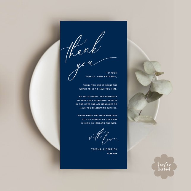 Romantic Wedding Place Setting Thank You Card (Romantic Wedding Dinner Place Setting Thank You Card Lunch Brunch in Classy Navy Blue)