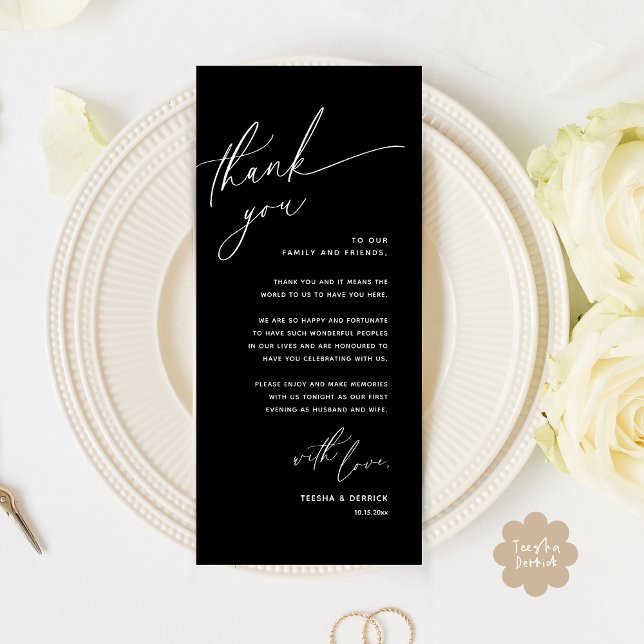 Romantic Wedding Place Setting Thank You Card (Romantic Wedding Dinner Place Setting Thank You Card Lunch Brunch in Classy Black White)