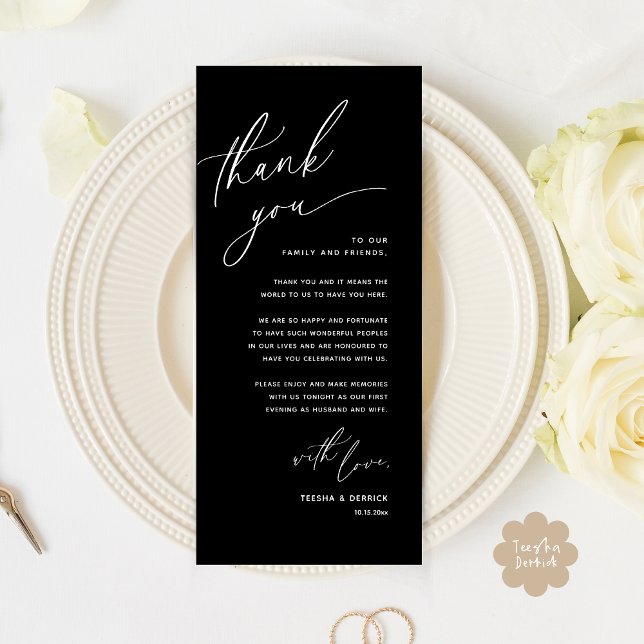 Romantic Wedding Place Setting Thank You Card (Romantic Wedding Dinner Place Setting Thank You Card Lunch Brunch in Classy Black White)