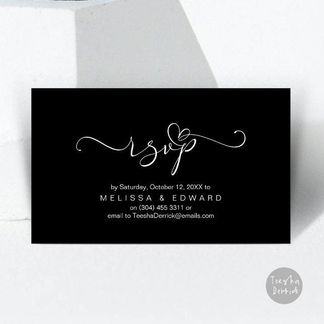 Romantic Wedding RSVP Dinner Invitation Card (Romantic Wedding RSVP Dinner Invitation Card, Modern Online Phone, Email, Website, Reminder, Black)