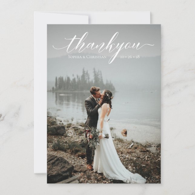Romantic Wedding Script Thank You Photo Card (Front)