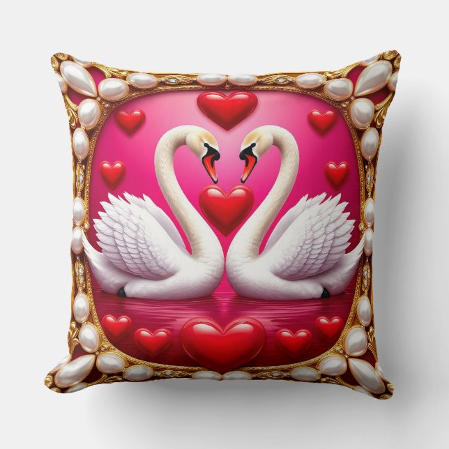 Romantic Wedding Swans Framed by Ornat Cushion (Front)