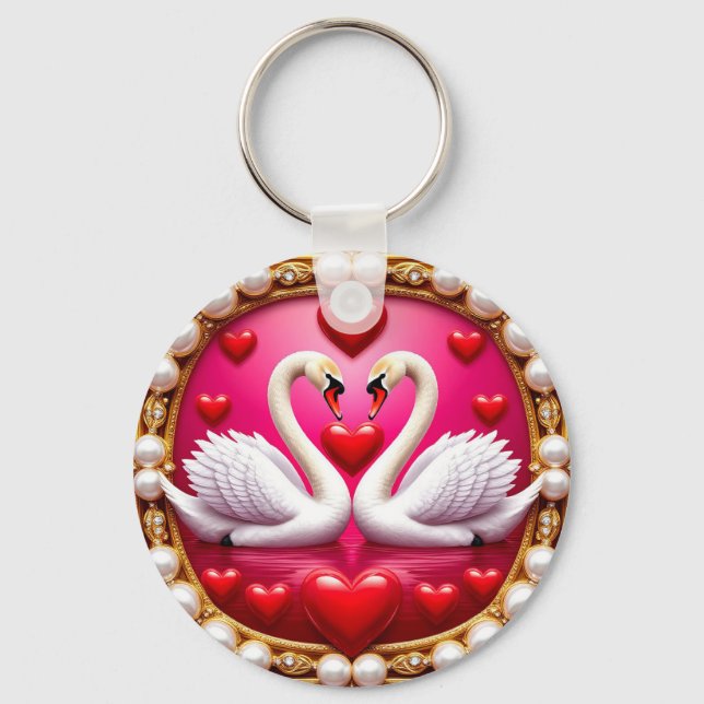 Romantic Wedding Swans Framed by Ornat Key Ring (Front)