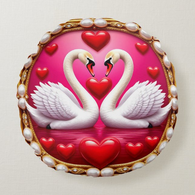 Romantic Wedding Swans Framed by Ornat Round Cushion (Front)