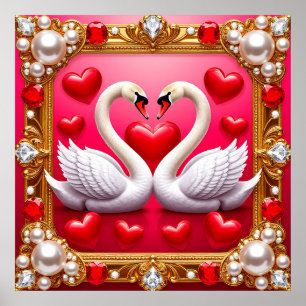 Romantic Wedding Swans Framed by Ornate Jewels Poster