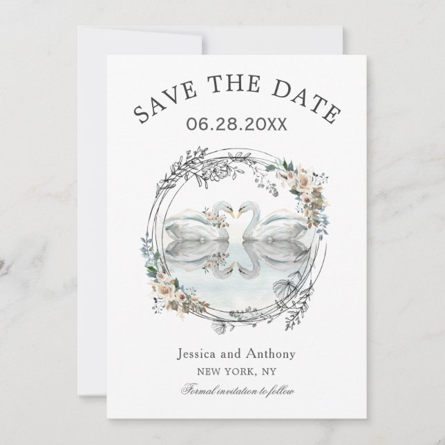 Romantic Wedding Swans Save the Date (Front)