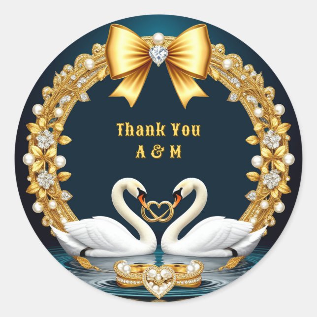 Romantic Wedding Swans With Rings Display Classic Round Sticker (Front)