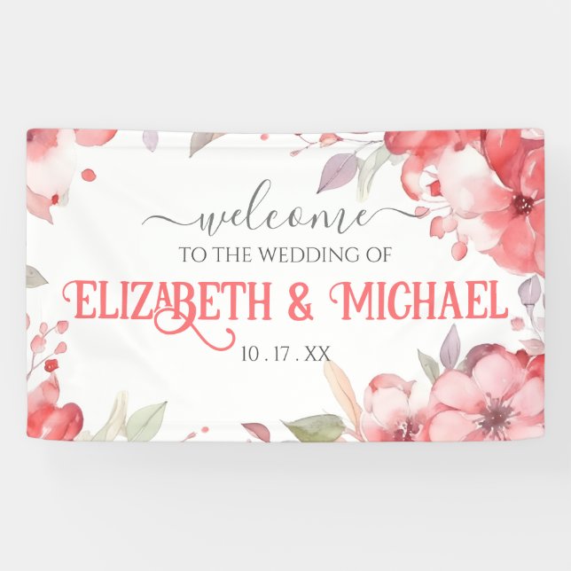 Romantic Wedding Watercolor Red Floral Customise  Banner (Horizontal)
