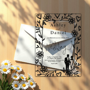 Romantic Whimsical Black And White Couple Wedding Acrylic Invitations