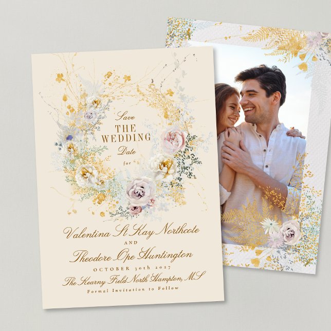 romantic whimsical botanical wreath wedding photo save the date (Creator Uploaded)