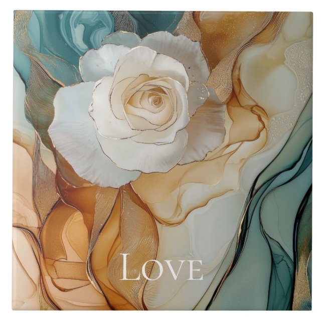Romantic White Aqua Gold Floral Love Ceramic Tile (Front)