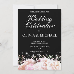 Romantic white & black lace hydrangeas pink roses invitation