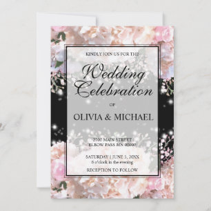 Romantic white & black lace hydrangeas pink roses  invitation