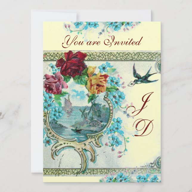 ROMANTIC WHITE BLUE  FLORAL WEDDING MONOGRAM INVITATION (Front)