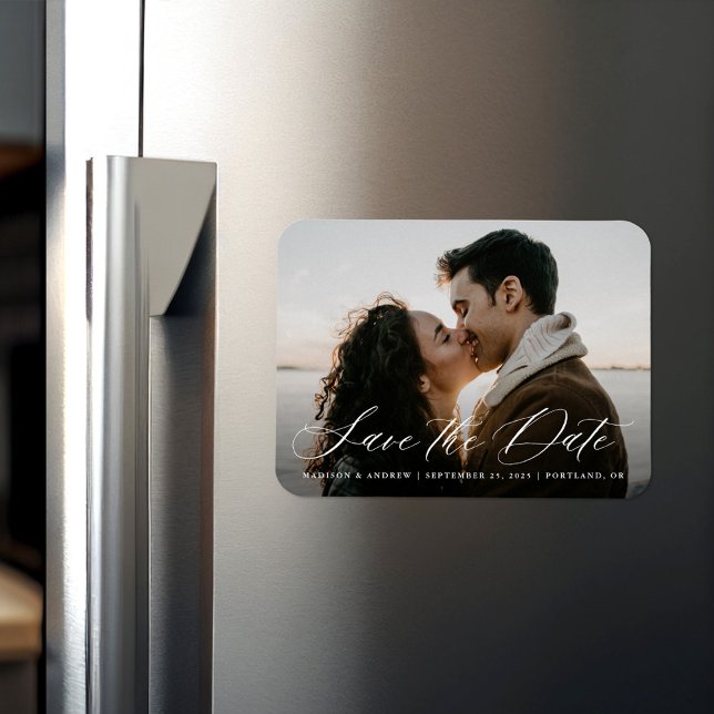 Romantic White Calligraphy Photo Save the Date Magnet (Creator Uploaded)