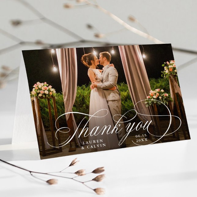 Romantic White Calligraphy Wedding Photo Folded Thank You Card (Creator Uploaded)