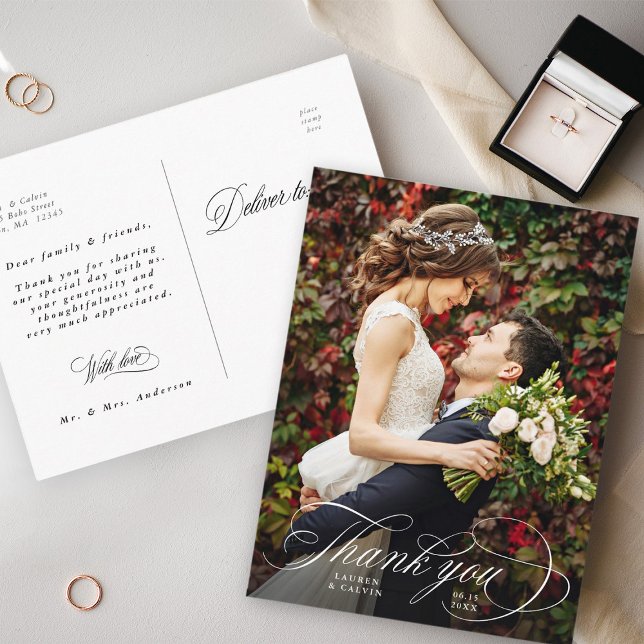 Romantic White Calligraphy Wedding Photo Postcard (Front & Back)