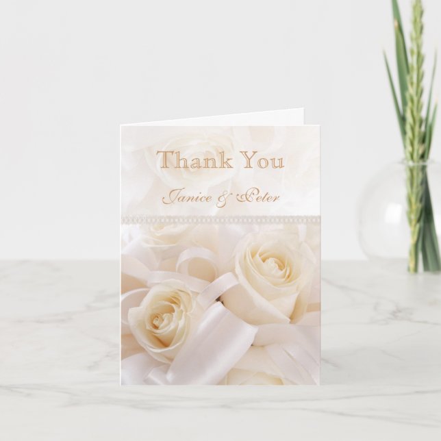 Romantic white cream roses Wedding Thank You Card (Front)