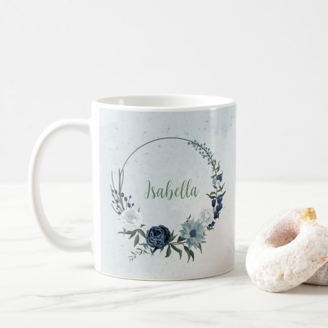 romantic white dusty &navy blue floral coffee mug (With Donut)
