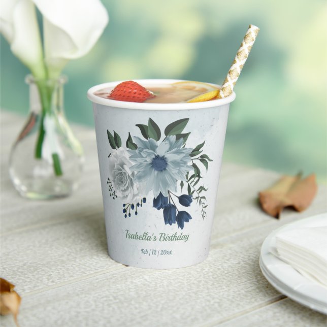romantic white dusty &navy blue floral greenery paper cups (Insitu)