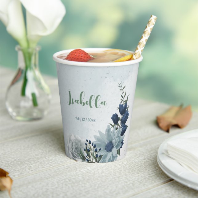 romantic white dusty &navy blue floral greenery  paper cups (Insitu)