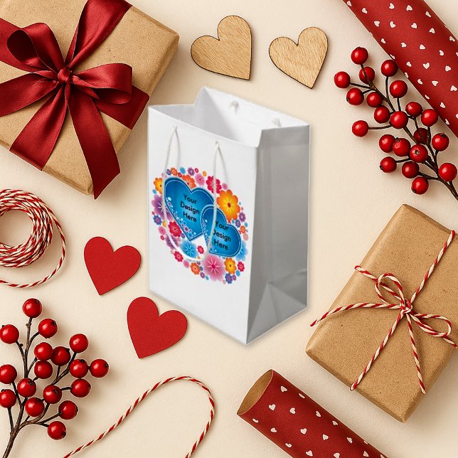 Romantic White Floral Blue Heart Medium Gift Bag (Creator Uploaded)