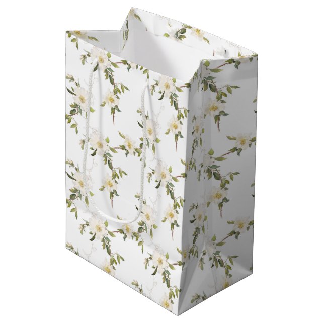Romantic White Floral Wedding Medium Gift Bag (Front Angled)