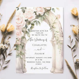 Romantic white florals roses arch wedding invitation