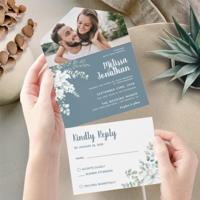 Romantic white flower grey photo spring wedding all in one invitation (Creator Uploaded)