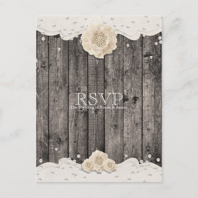 Romantic White Flower & Pearls Rustic Wood RSVP Invitation Postcard (Front)