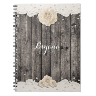 Romantic White Flower & Pearls Rustic Wood Wedding Notebook