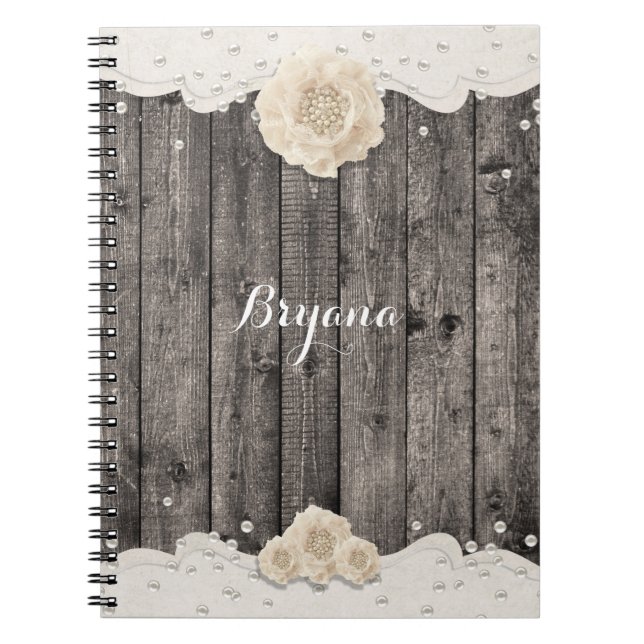 Romantic White Flower & Pearls Rustic Wood Wedding Notebook (Front)