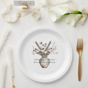 Romantic White Flowering Tree in Vase Wedding Paper Plate
