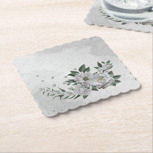 romantic white flowers and green leaves wedding paper coaster