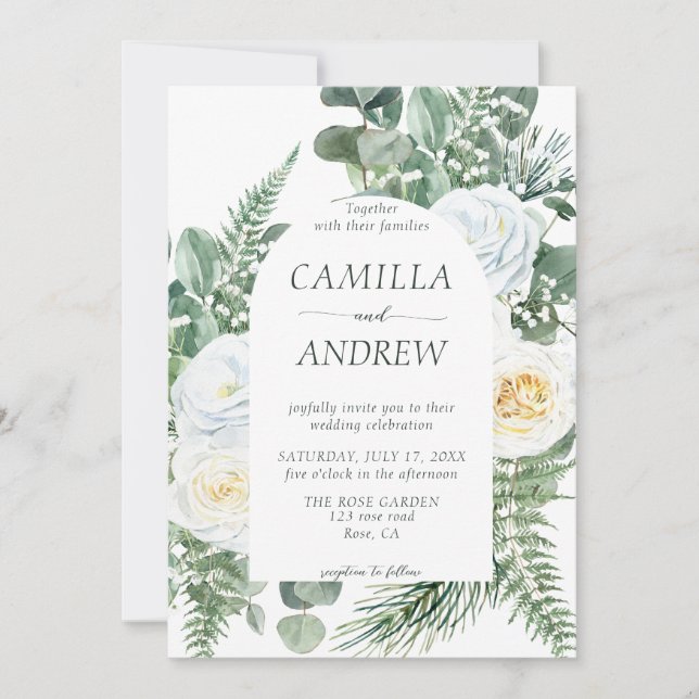 Romantic White Flowers and Greenery Wedding Invitation (Front)