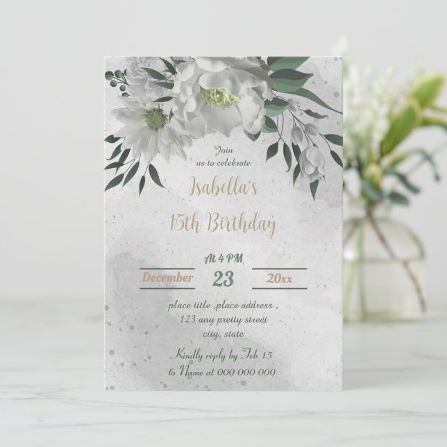 romantic white flowers botanical birthday invitation (Standing Front)