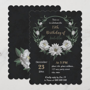 romantic white flowers botanical black birthday invitation