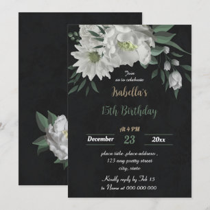 romantic white flowers botanical black birthday invitation