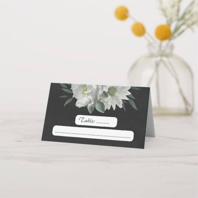 romantic white flowers botanical black place card (Front)