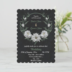 romantic white flowers botanical black wedding  invitation