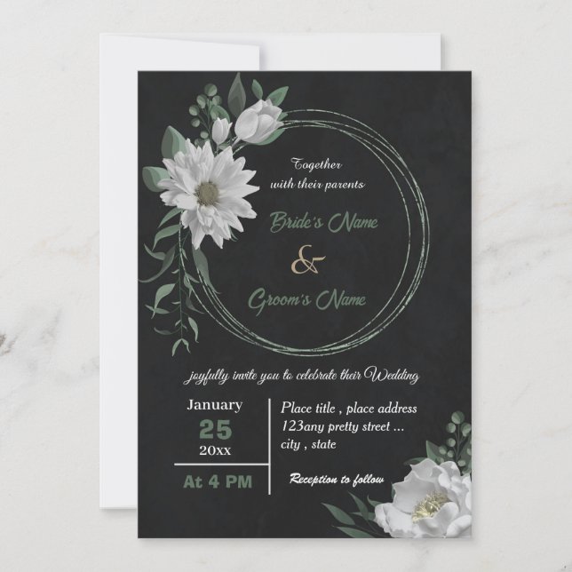 romantic white flowers botanical black wedding  invitation (Front)